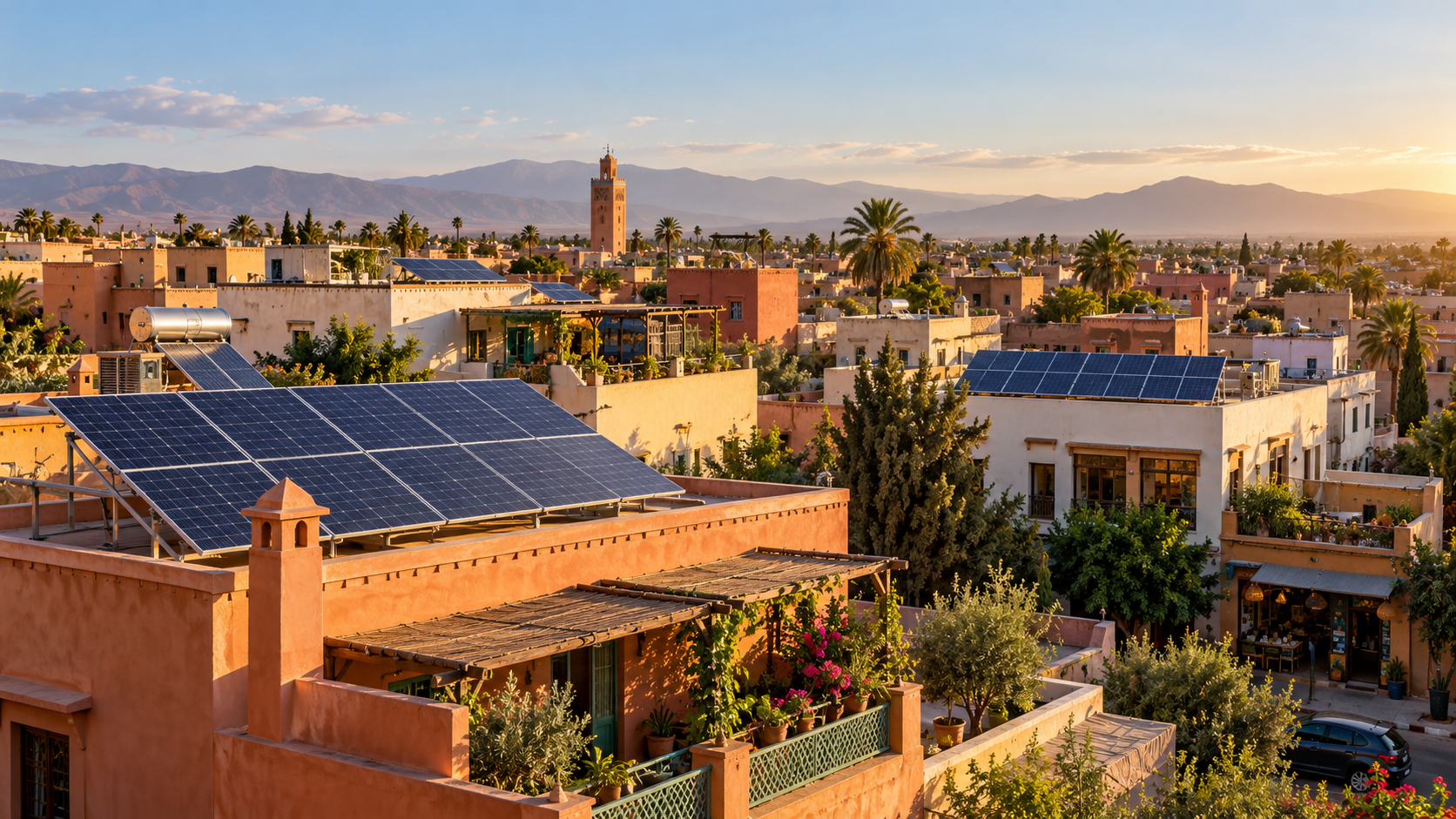 Rooftop solar panels in a Moroccan neighborhood